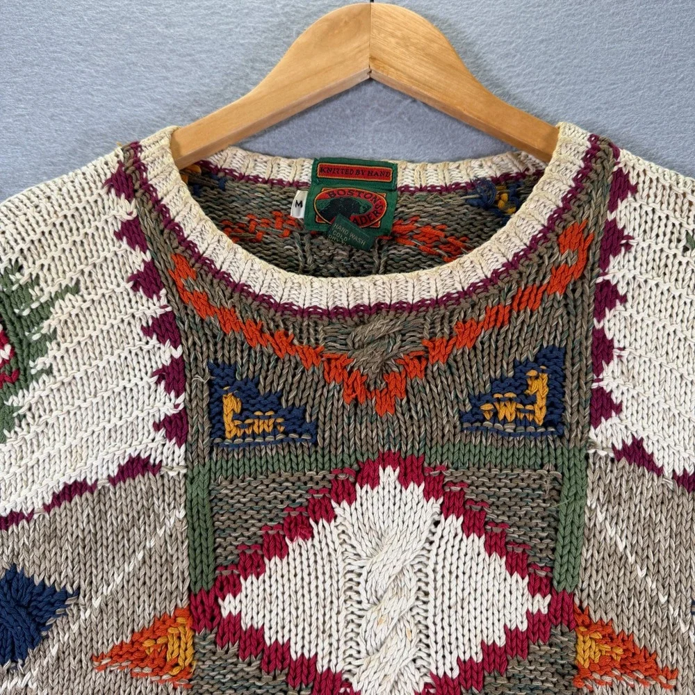 Vintage Boston Traders Hand Knit Cotton‎ Sweater Mens Medium Aztec Pattern